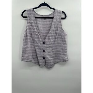 Flax Womens Small Linen Vest Plaid Lavender Cottage Preppy Lagenlook Oversized